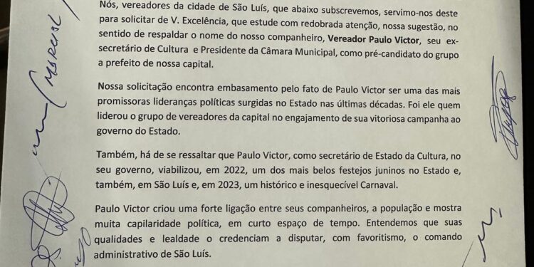 São Luís: Vereadores entregam abaixo-assinado a Carlos Brandão respaldando o nome de Paulo Victor à prefeitura em 2024 São Luís: Vereadores entregam abaixo-assinado a Carlos Brandão respaldando o nome de Paulo Victor à prefeitura em 2024